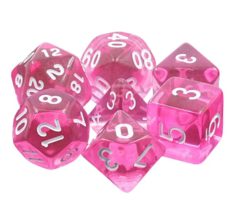 Set 7 dés multi-faces translucides roses