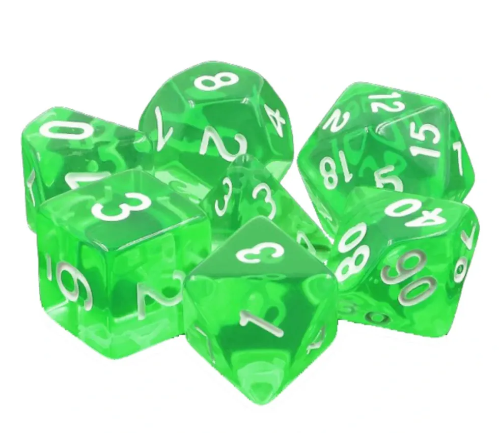 Set 7 dés multi-faces translucides émeraude vert