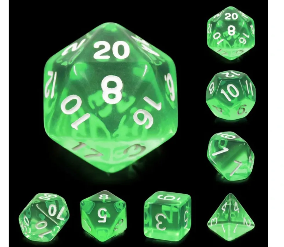 Set 7 dés multi-faces translucides émeraude vert