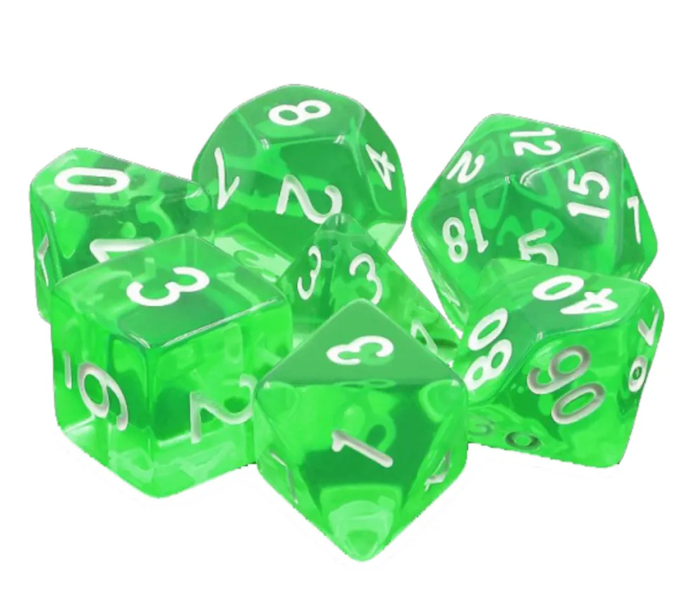 Set 7 dés multi-faces translucides émeraude vert