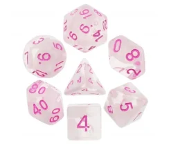 Set 7 dés multi-faces translucides roses