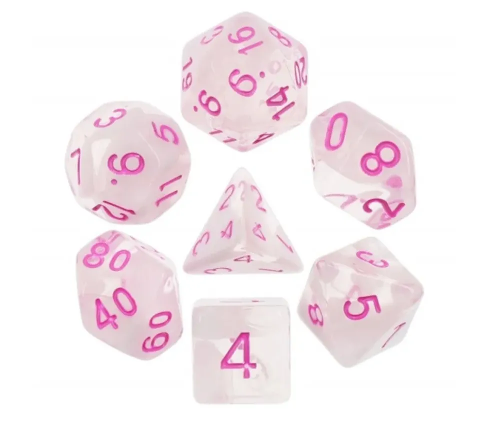 Set 7 dés multi-faces translucides roses