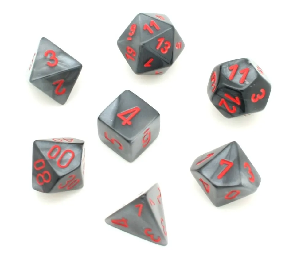 Set 7 dés multi-faces Velvet noir gris avec chiffres rouges