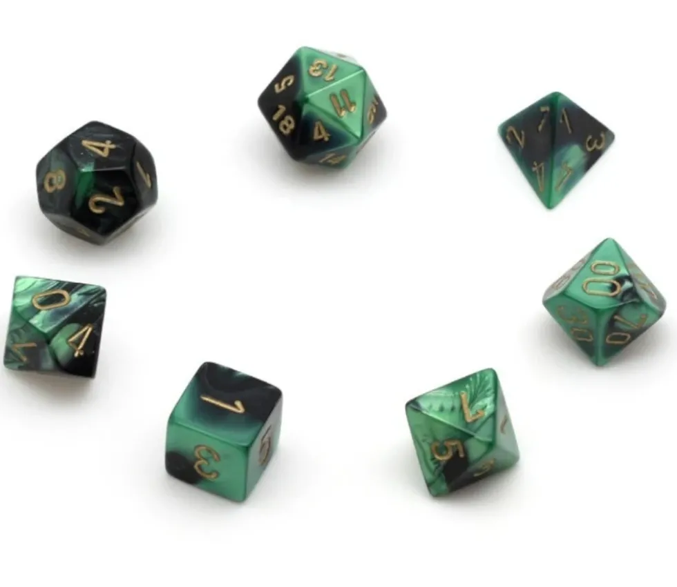 Set 7 dés multi-faces vert-noir gravage doré.