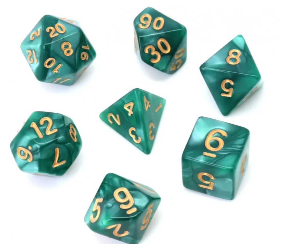 Set 7 dés multi-faces verts nacrés chiffres or