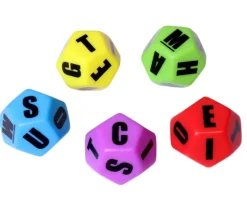 Set 5 gros Dés lettres 12 faces colorés Jumbo