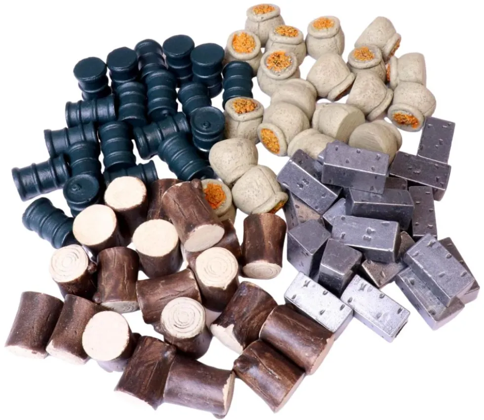 Set 80 jetons ressources de jeux : 4 sortes nourriture, huile, métal, bois