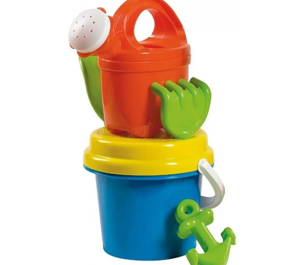 Set Plage : Seau + arrosoir + pelle + rateau + moule + tamis