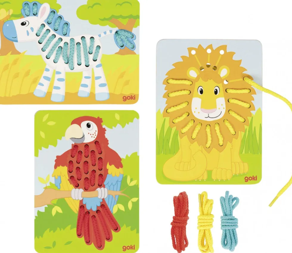 3 tableaux jeux de laçage bois animaux