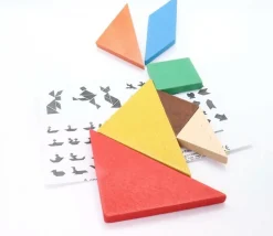 Tangram bois multicolore 16.5 cm cadre puzzle. Fabrication Jura
